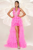 Sparkly Fuchsia A Line Halter Tiered Prom Dress with Slit