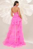 Sparkly Fuchsia A Line Halter Tiered Prom Dress with Slit