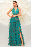 Dark Green A Line Halter Floral Long Prom Dress with Slit