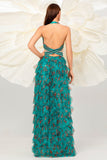 Dark Green A Line Halter Floral Long Prom Dress with Slit