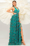 Dark Green A Line Halter Floral Long Prom Dress with Slit