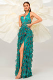 Dark Green A Line Halter Floral Long Prom Dress with Slit