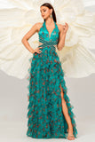 Dark Green A Line Halter Floral Long Prom Dress with Slit