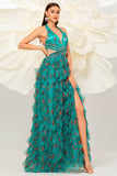 Dark Green A Line Halter Floral Long Prom Dress with Slit