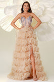 Sparkly Champagne A Line Tiered Corset Long Prom Dress with Slit