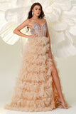 Sparkly Champagne A Line Tiered Corset Long Prom Dress with Slit