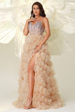 Sparkly Champagne A Line Tiered Corset Long Prom Dress with Slit