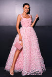 Pink A Line Tulle Appliqued Long Prom Dress with Slit