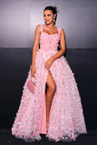 Pink A Line Tulle Appliqued Long Prom Dress with Slit