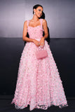 Pink A Line Tulle Appliqued Long Prom Dress with Slit