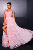 Pink A Line Tulle Appliqued Long Prom Dress with Slit