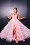 Pink A Line Tulle Appliqued Long Prom Dress with Slit