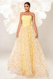 Yellow A Line Corset Strapless Long Tulle Prom Dress with Appliques