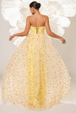 Yellow A Line Corset Strapless Long Tulle Prom Dress with Appliques