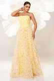 Yellow A Line Corset Strapless Long Tulle Prom Dress with Appliques