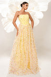 Yellow A Line Corset Strapless Long Tulle Prom Dress with Appliques