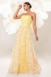 Yellow A Line Corset Strapless Long Tulle Prom Dress with Appliques