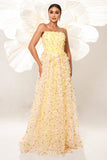 Yellow A Line Corset Strapless Long Tulle Prom Dress with Appliques