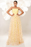 Yellow A Line Corset Strapless Long Tulle Prom Dress with Appliques