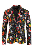 Black Notched Lapel Snowmen Printed Christmas Slim Fitted Men Suits