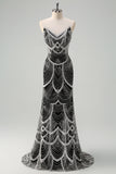 Luxury Black Strapless Beaded Mermaid Prom Dress