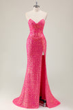 Sparkly Fuchsia Strapless Mermaid Prom Dress with Slit