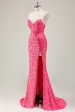 Sparkly Fuchsia Strapless Mermaid Prom Dress with Slit