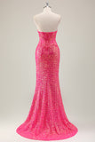 Sparkly Fuchsia Strapless Mermaid Prom Dress with Slit