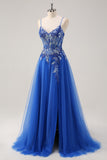 Royal Blue Spaghetti Straps Applique Tulle A-Line Prom Dress with Slit