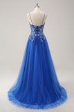 Royal Blue Spaghetti Straps Applique Tulle A-Line Prom Dress with Slit