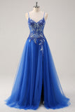 Royal Blue Spaghetti Straps Applique Tulle A-Line Prom Dress with Slit