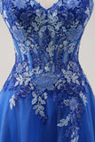 Royal Blue Spaghetti Straps Applique Tulle A-Line Prom Dress with Slit