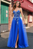 A-Line Corset Royal Blue Spaghetti Straps Applique Tulle Prom Dress with Slit