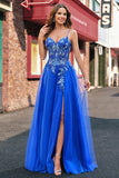 A-Line Corset Royal Blue Spaghetti Straps Applique Tulle Prom Dress with Slit