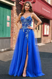 A-Line Corset Royal Blue Spaghetti Straps Applique Tulle Prom Dress with Slit