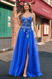 A-Line Corset Royal Blue Spaghetti Straps Applique Tulle Prom Dress with Slit