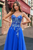 A-Line Corset Royal Blue Spaghetti Straps Applique Tulle Prom Dress with Slit