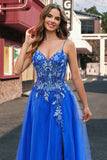 A-Line Corset Royal Blue Spaghetti Straps Applique Tulle Prom Dress with Slit