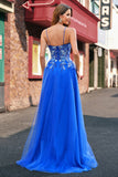 A-Line Corset Royal Blue Spaghetti Straps Applique Tulle Prom Dress with Slit