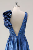 Metallic Royal Blue V-neck Pleated Flower A-Line Prom Dress