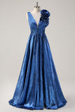 Metallic Royal Blue V-neck Pleated Flower A-Line Prom Dress