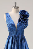 Metallic Royal Blue V-neck Pleated Flower A-Line Prom Dress