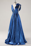 Metallic Royal Blue V-neck Pleated Flower A-Line Prom Dress