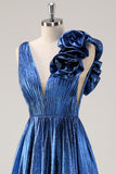 Metallic Royal Blue V-neck Pleated Flower A-Line Prom Dress