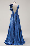 Metallic Royal Blue V-neck Pleated Flower A-Line Prom Dress