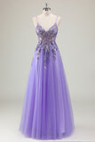 Glitter Purple Sequined A-Line Tulle Prom Dress with Beading