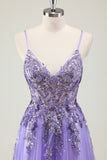 Glitter Purple Sequined A-Line Tulle Prom Dress with Beading