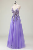 Glitter Purple Sequined A-Line Tulle Prom Dress with Beading