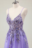 Glitter Purple Sequined A-Line Tulle Prom Dress with Beading