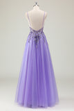 Glitter Purple Sequined A-Line Tulle Prom Dress with Beading